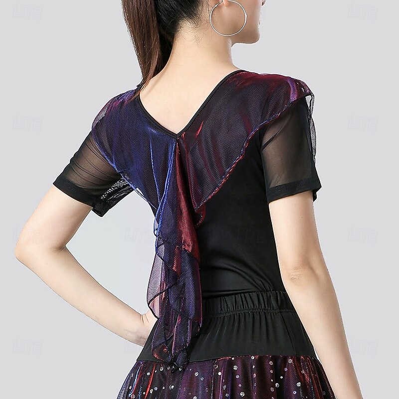 Latin Dance Top Pure Color Splicing Tulle Women's Performance Training Short Sleeve High Polyester4