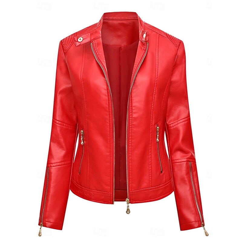 Women's Faux Leather Jacket Casual Jacket Comfortable Breathable Zipper Pocket Fashion Casual Plain Vacation Street Casual Daily Wear Zipper Short Turndown Slim Long Sleeve Outerwear Black Red Green4