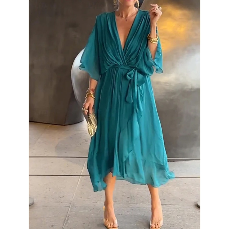 Women's Midi Dress Cocktail Dress Wedding Guest Dress Chiffon Fashion Modern Batwing Sleeve Outdoor Vacation Regular Fit Plain 3/4 Length Sleeve V Neck Black White Blue Gray Summer Spring Fall Autumn