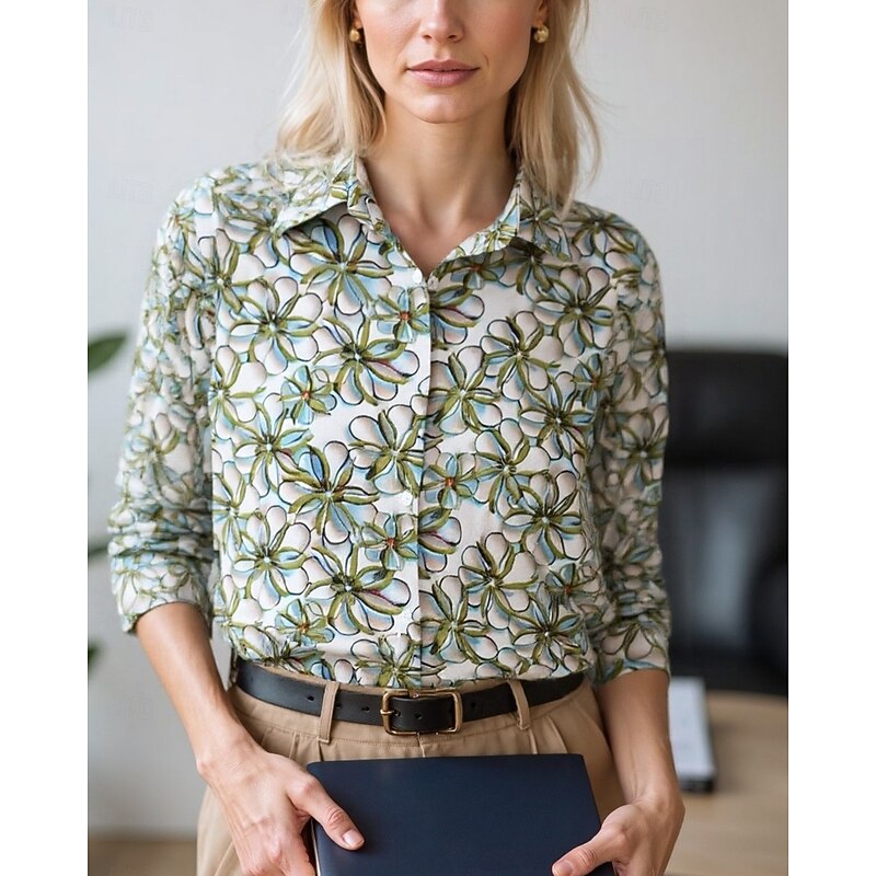 Women's Blouse Dressy Tops Chiffon Tops Floral Color Block Elegant Daily Stylish Long Sleeve Shirt Collar Regular Tops Work Daily Buttons Print Black Blue Brown Green Beige Spring, Fall, Winter3