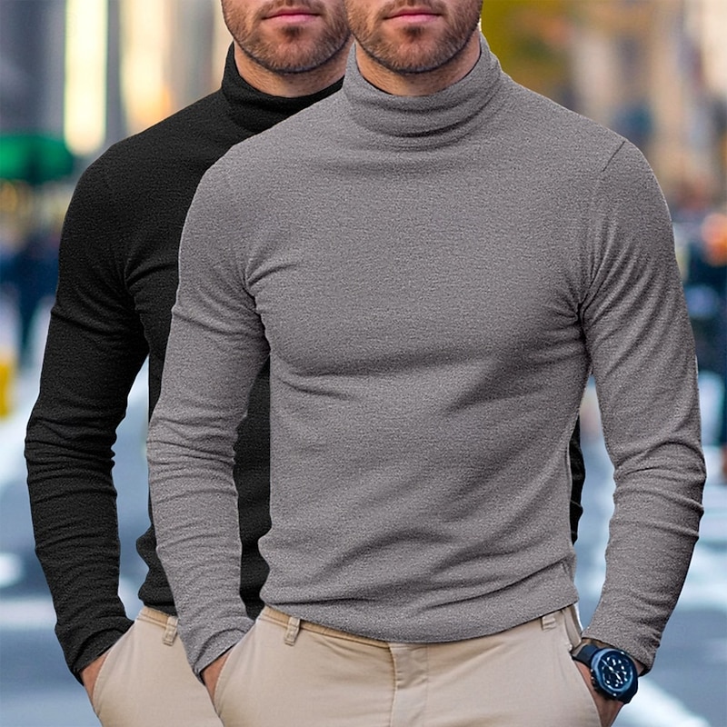 2Pcs Men's Tee Top Long Sleeve Shirt Mock Turtleneck Long Sleeve White Black Pile Neck Fall Winter Spring Fall Solid Color Plain Daily Casual Street Style 2 Piece High Neck Formal Outdoor Street4