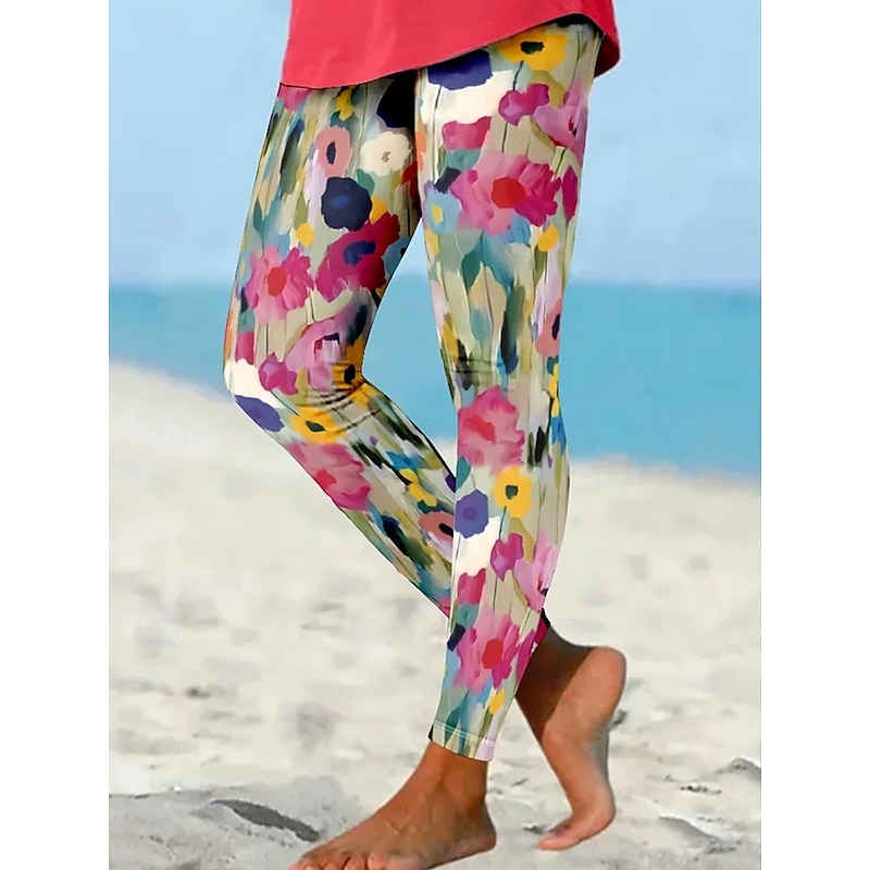 Women's Leggings Vacation Vintage Ethnic Style Ankle-Length High Waist Floral Graphic 3D Print Soft Comfortable Stretchy Outdoor Home Causal Rose Pink Spring Fall Slim Fit