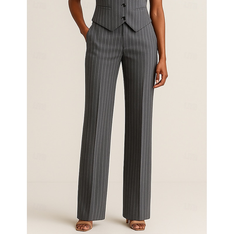 Women's Pinstriped Suit Pant Straight Fit Formal Wedding Guest Formal Evening Pinstripe Elegant Simple Ankle Length Pant