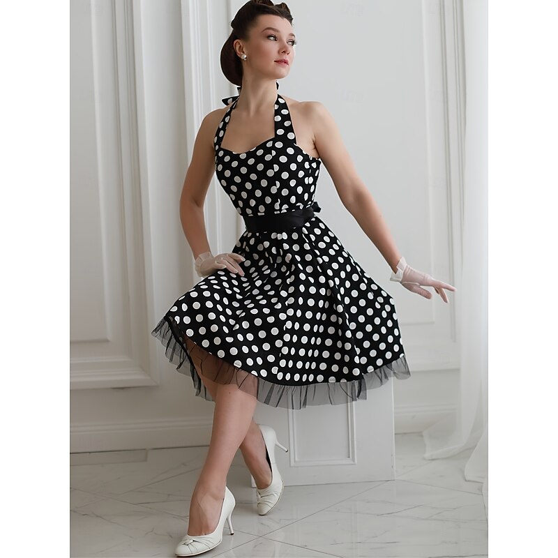 Vintage 1950s Rockabilly Knee Length Flapper Dress Dress A Line Dress Polka Dot Fit & Flare Halter Neck Fancy Dress Women's Halloween Carnival Valentine's Day Party Casual Tea Party Adults' Dress3