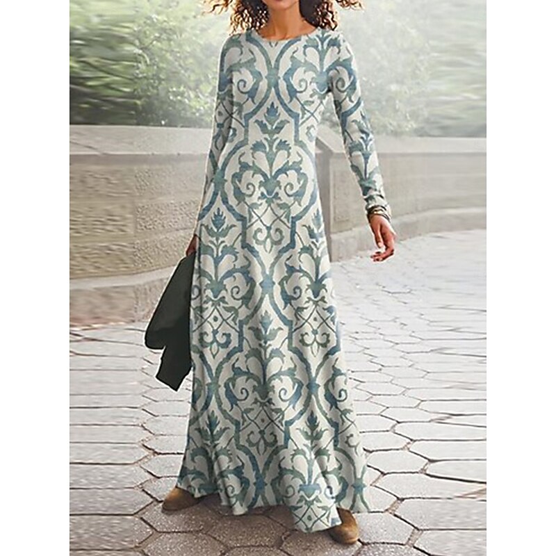 Women's Maxi Dress Vintage Bohemian A Line Dress Crew Neck Long Sleeve Casual Daily Regular Fit Graphic Geometric Light Green Orange Brown Spring Fall Winter Autumn2