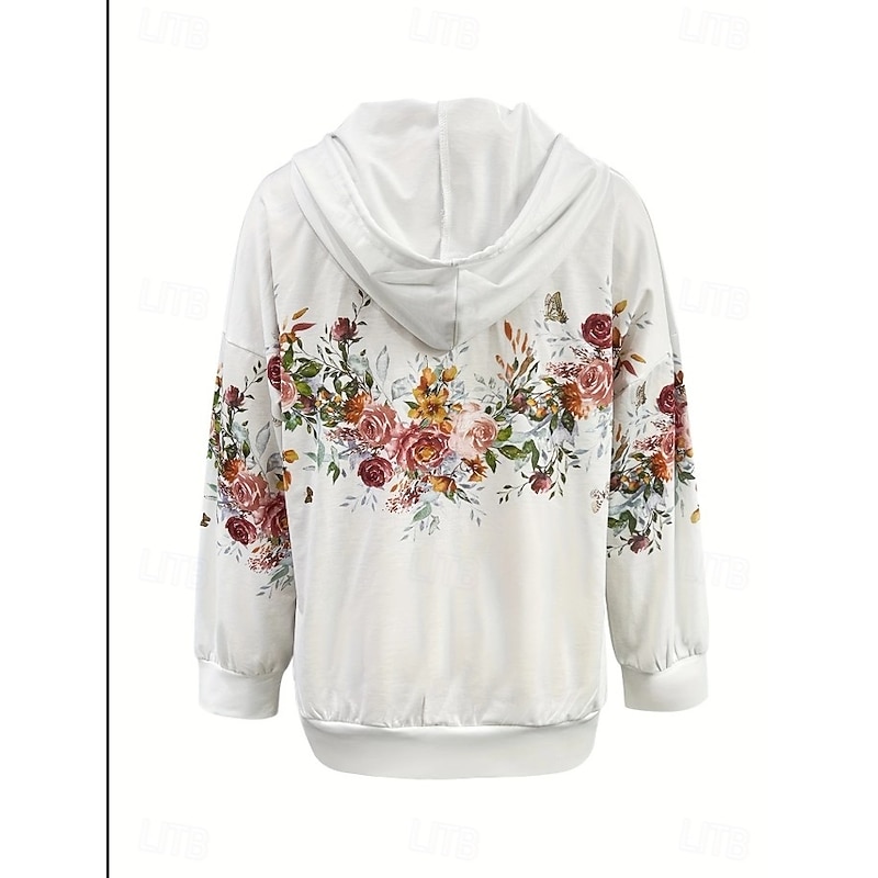 Women's Hooded Sweatshirt Jacket Long Sleeve Zip Up Hoodie With Pocket Lightweight Casual Micro-elastic Floral Graphic Fashion Street Dailywear Pocket Print White Purple Fuchsia Spring Fall3