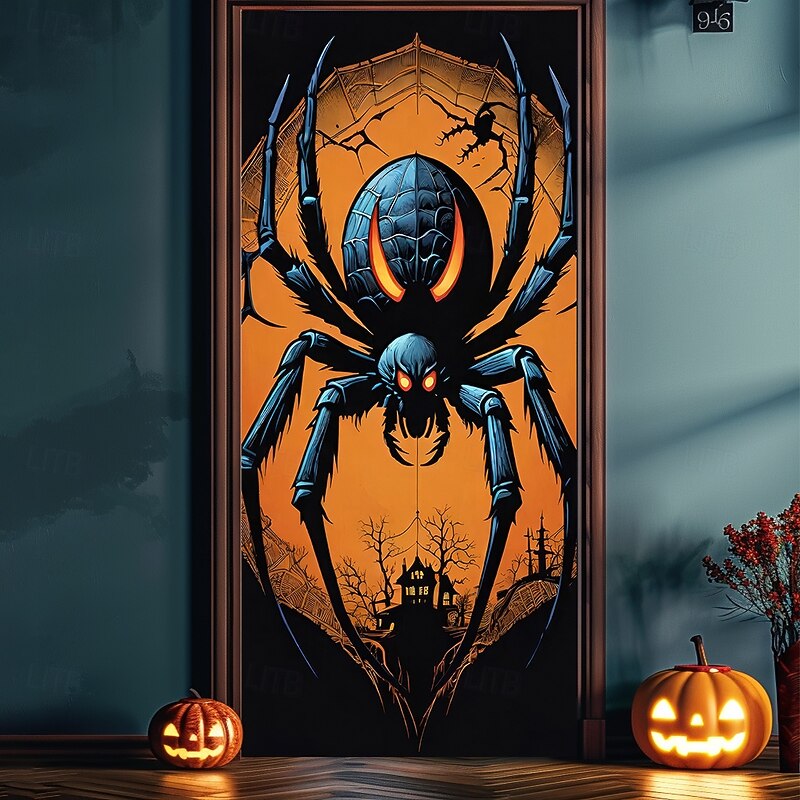 Halloween Door Covers Door Hanging Spider Tapestry Door Curtain Decoration Backdrop Door Banner for Front Door Farmhouse Holiday Party Indoor Outdoor Decor Supplies2