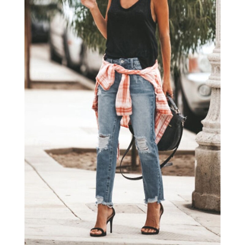 Women's Slacks Cozy Leggings Straight Streetwear Casual Full Length Natural Plain Pocket Ripped Comfy Vacation Going out Light Sky Blue Navy Black Fall Regular Fit2