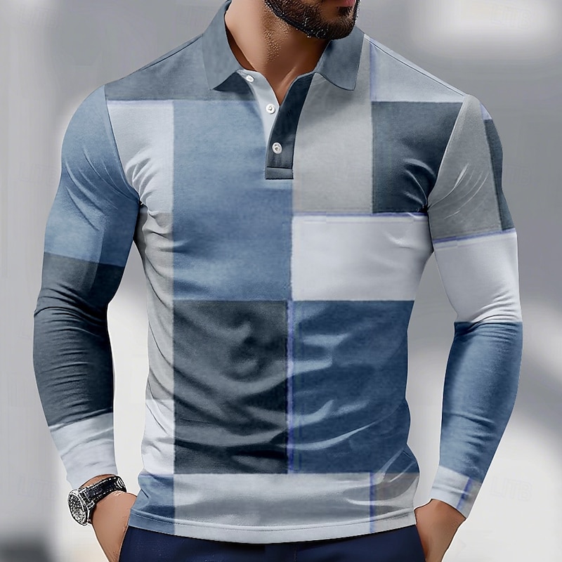 Men's Color Block Polo Long Sleeve Polo Shirts Collared Shirts Business Casual Athleisure Daily Wear 3D Print Spring Fall Blue Purple Brown