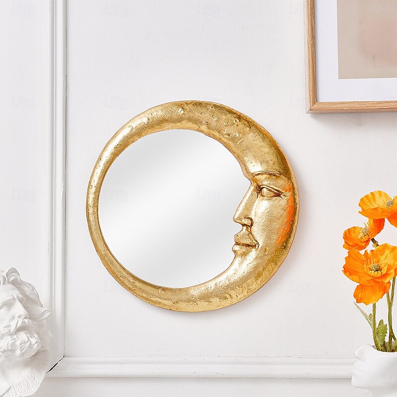 Gold Resin Moon Face Wall Mirror, Round Artistic Hanging Mirror for Home Background Wall Decor, Creative Makeup Mirror for Vanity, Wall Decoration, and Photography Props