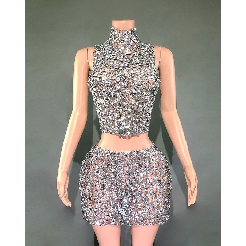 Two-piece Rhinestone Embellished High-neck Mini Dress for Singer Dancer Stage Wear Party Carnival Outfit