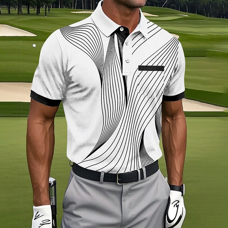 Men's Geometic Line Polo Sports Polo Shirts Short Sleeve Polo Shirts Collared Shirts Sportswear Casual Outdoor Athleisure Daily Wear Pocket 3D Print Buttons Summer Black Blue Purple