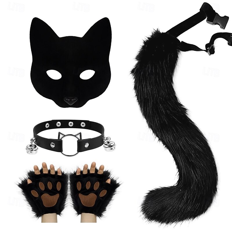 Furry Animal Mask Set – Half Face Cat and Fox Mask with Tail, Ears, and Collar for Halloween Costume, Cosplay Party, Dance and Performance4