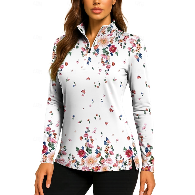Women's Floral Golf Polo Shirt Tennis Shirt Tennis Sweatshirt Long Sleeve Print Quarter Zip Pullover UV Protection Elastic Breathable Tennis Golf Pickleball Stand Collar Zip Collar Shirt Polo Pink