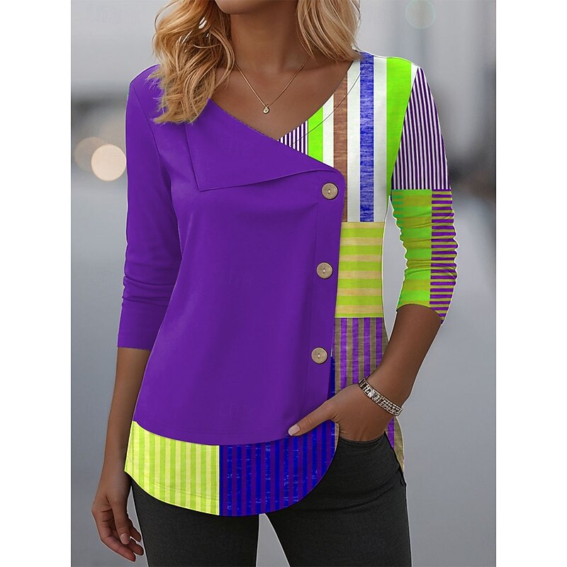 Women's Blouse Tunic V Neck Long Sleeve Buttons Graphic Geometric Plaid Fashion Casual Crew Neck Regular Tops Daily Patchwork Print Red Blue Purple Green Spring Fall Winter Prefall4