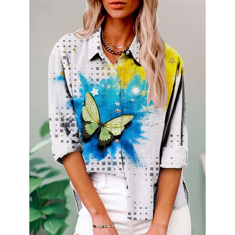 Women's Shirt Floral Butterfly Active Daily Stylish Long Sleeve Shirt Collar Regular Tops Daily Holiday Buttons Print White Yellow Blue Purple Green Summer Spring Fall3