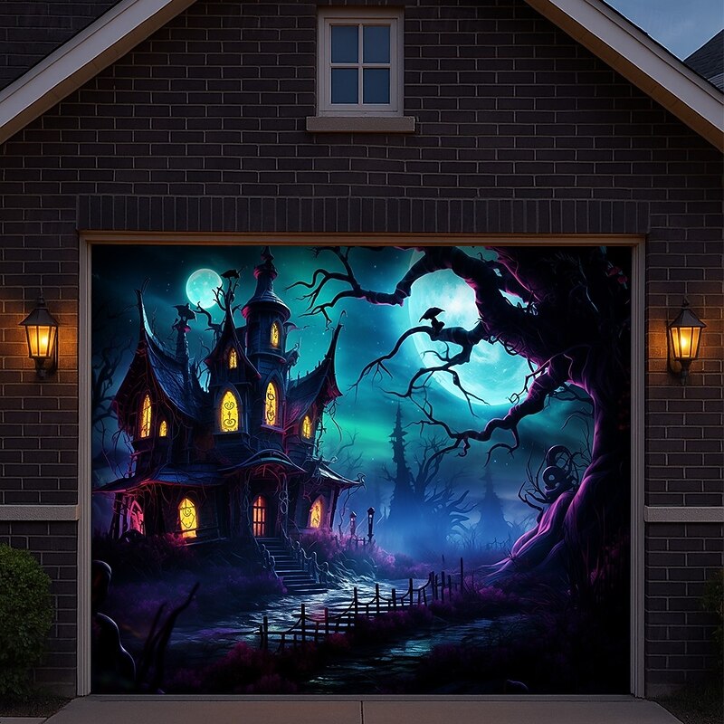 Halloween Garage Door Cover Banner Backdrop – Haunted Castle with Bats & Pumpkins, Photography Backdrop for Outdoor Decoration for 2025 Halloween Home Front Yard4