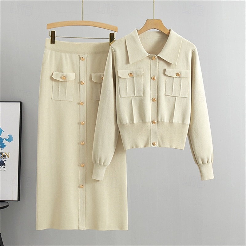 Women's Dress Set Shift Dress Casual Semi Formal Plain Pocket Midi Dress Long Sleeve Shirt Collar Outdoor Date Black Khaki Apricot Fall Loose Fit