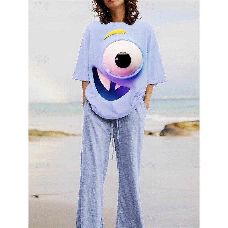 Women's Cartoon Funny Smile Face Pants Sets 3/4 Length Sleeve Crew Neck 3D Print Print Vacation Daily Holiday Yellow Pink Red Summer Regular Fit2