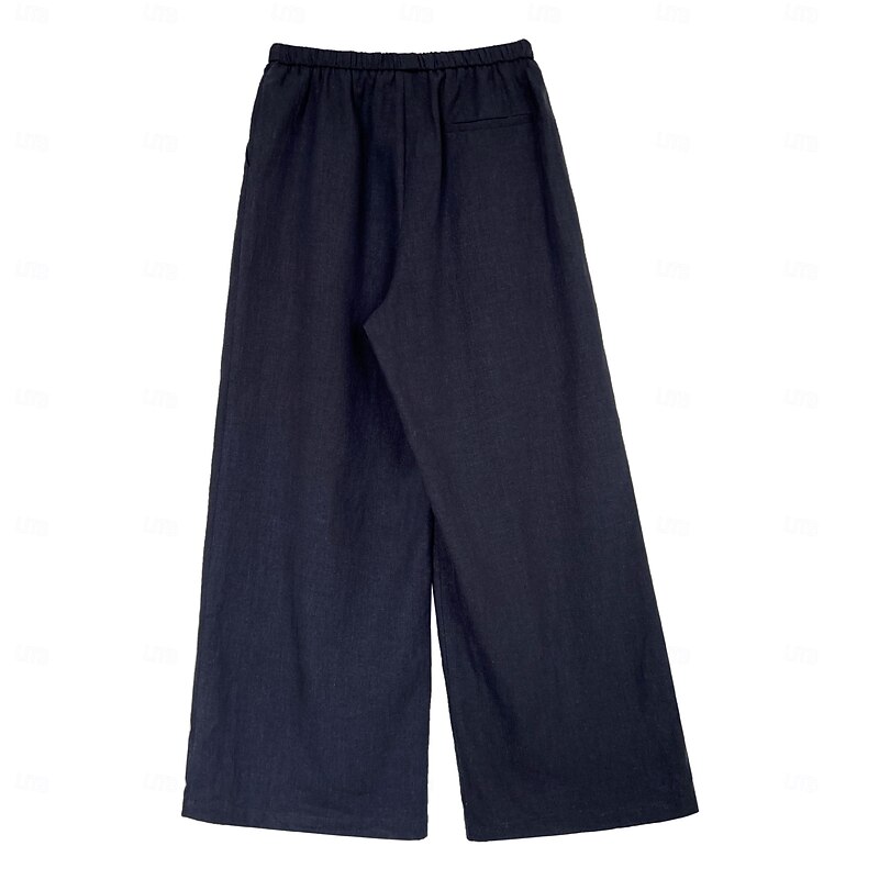 Women's Linen Tencel Culottes Wide Leg Elegant Vacation Vintage Full Length Mid Waist Plain Comfy Inelastic Dark Navy Beige Summer Spring Fall Loose Fit4