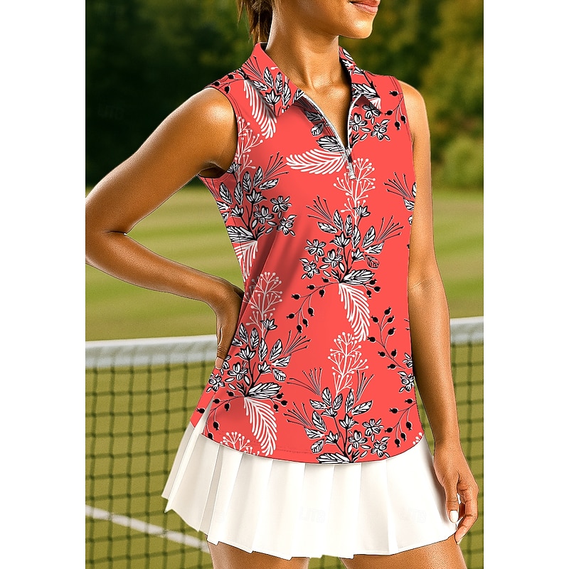 Women's Plants Floral Botanical Tops Sport Shirt Golf Polo Shirt Tennis Shirt Sleeveless Zipper Floral UPF50+ UV Resistant High Elasticity Moisture Wicking Breathable Tennis Pickleball Running