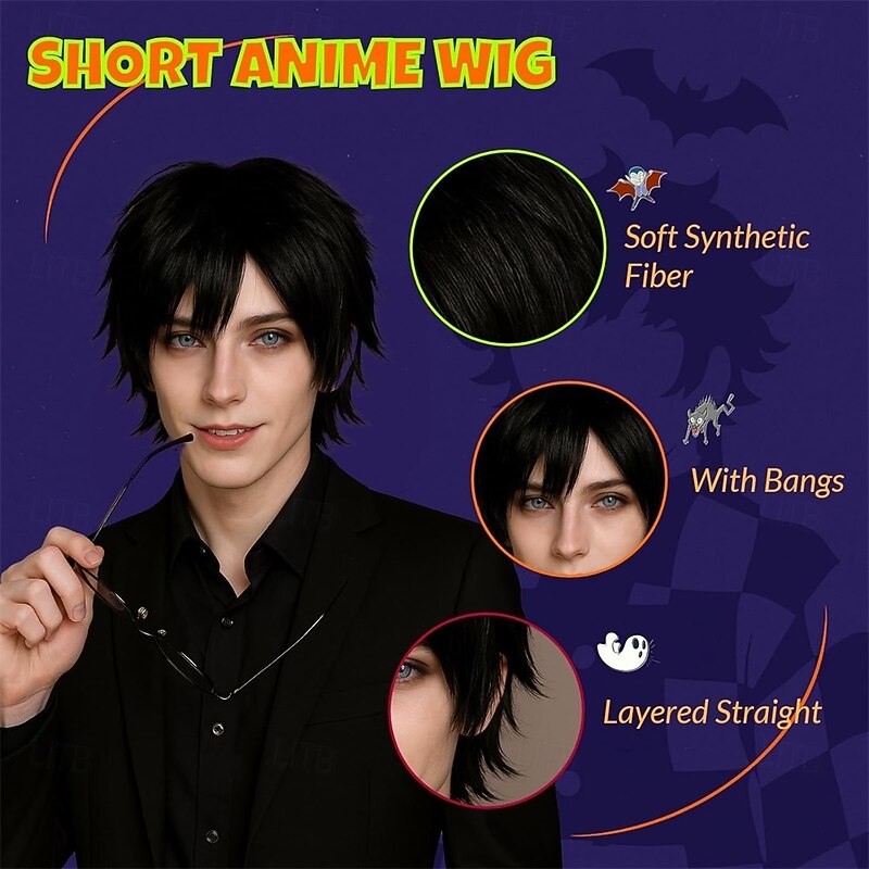 Anime Short Cosplay Wigs Halloween Party Spiky Layered Cosplay Wigs Synthetic Short Hair for Men & Women Black Style3