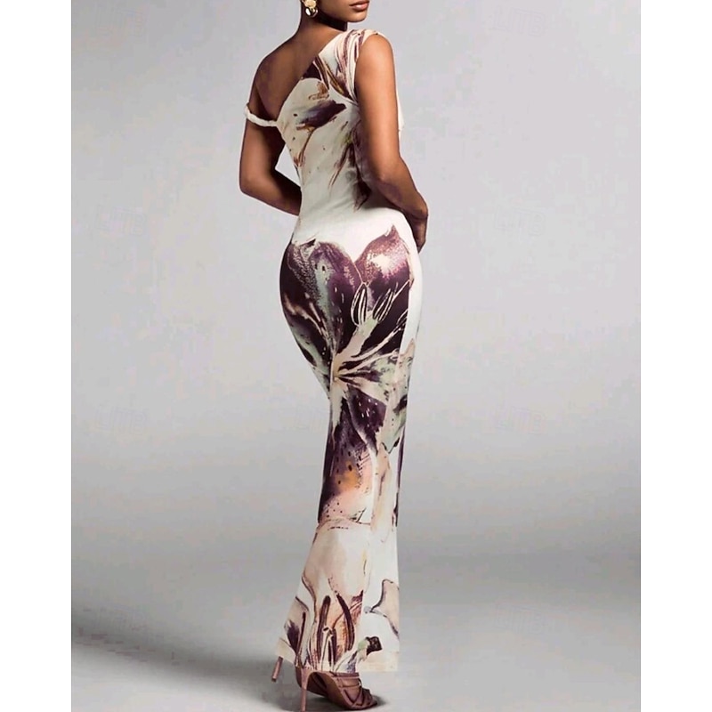 Women's Long Dress Maxi Dress Print Dress Fashion Outdoor Going out Weekend Regular Fit Flower Sleeveless One Shoulder Purple Green Summer4