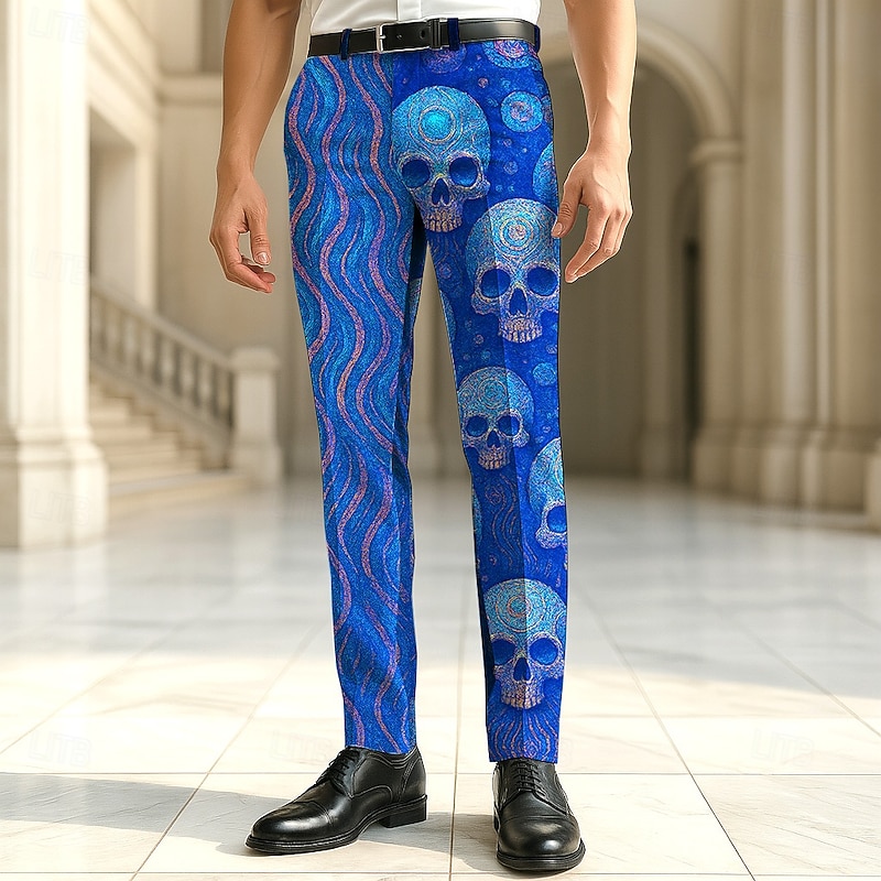 Men's Dress Pants Trousers Suit Pants Geometric Skull Full Length Vacation Holiday Dark Punk Gothic Style Blue Dark Blue Inelastic2