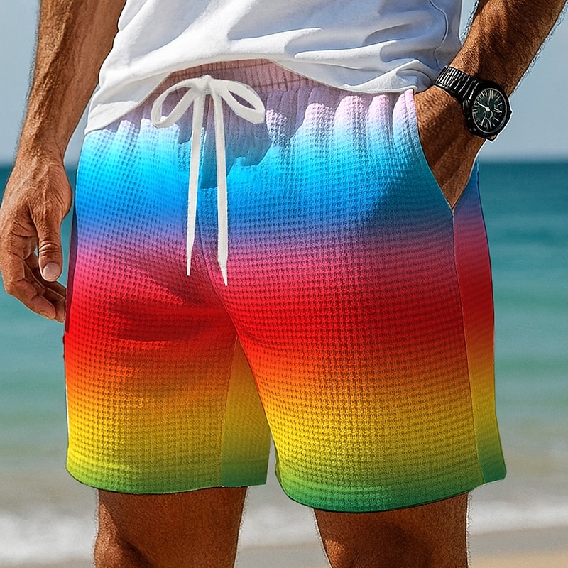 Men's Color Block Rainbow Waffle Shorts Sweat Shorts Casual Shorts Mid Waist Fashion Casual Vacation Jogging Workout Elastic Drawstring Waist Shorts with Pockets Designer Clothing Apparel