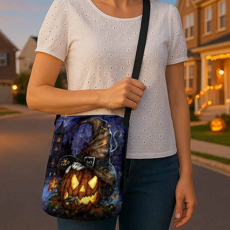 Women's Halloween Pumpkin Crossbody Bag - Witch Hat and Cat Print, Adjustable Strap, Lightweight Flocked Shoulder Bag, Perfect for Holiday Parties and Trick or Treat Events2