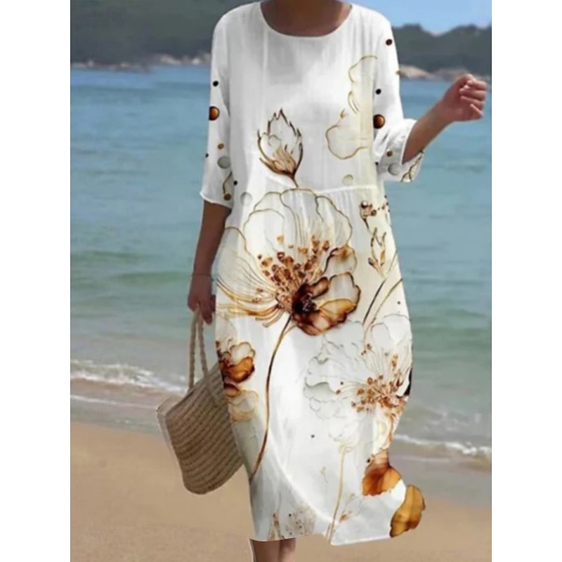 Women's Midi Dress Casual Dress Print Dress Fashion Modern Daily Beach Weekend Regular Fit Floral 3/4 Length Sleeve Crew Neck White Pink Light Purple Purple Spring Fall Autumn4