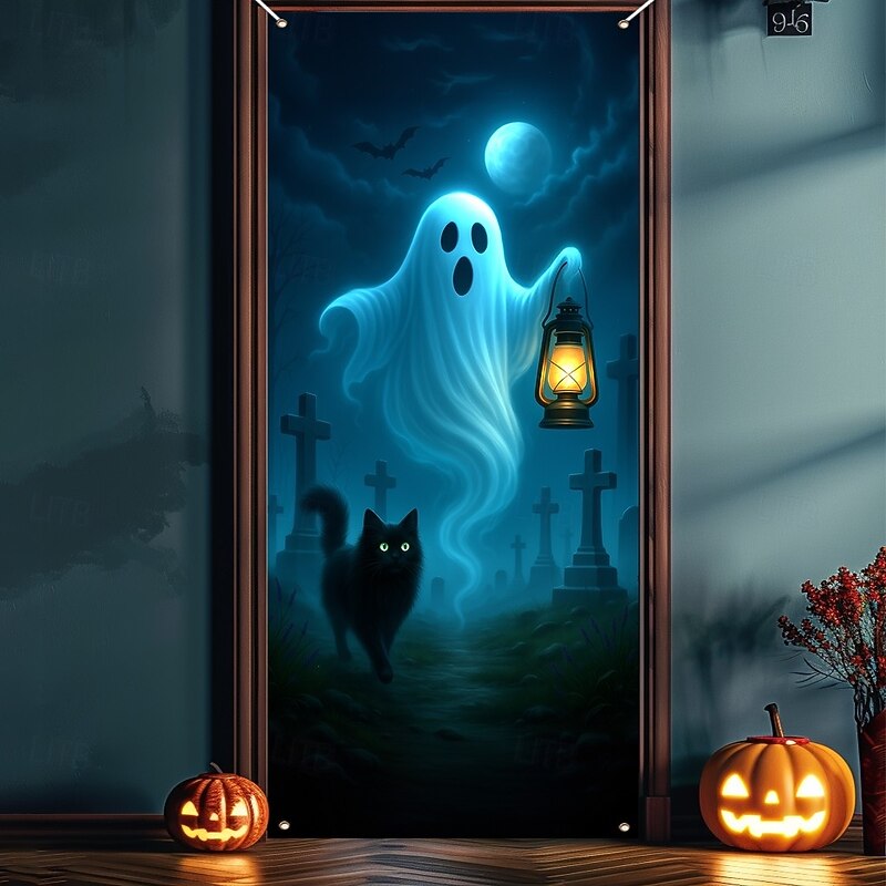 Halloween Door Cover – Cute Ghost and Black Cat in Blue Night Scene, Haunted House Entrance Banner, Spooky Outdoor & Indoor 2025 Halloween Decoration for Bedroom, Living Room, Bathroom