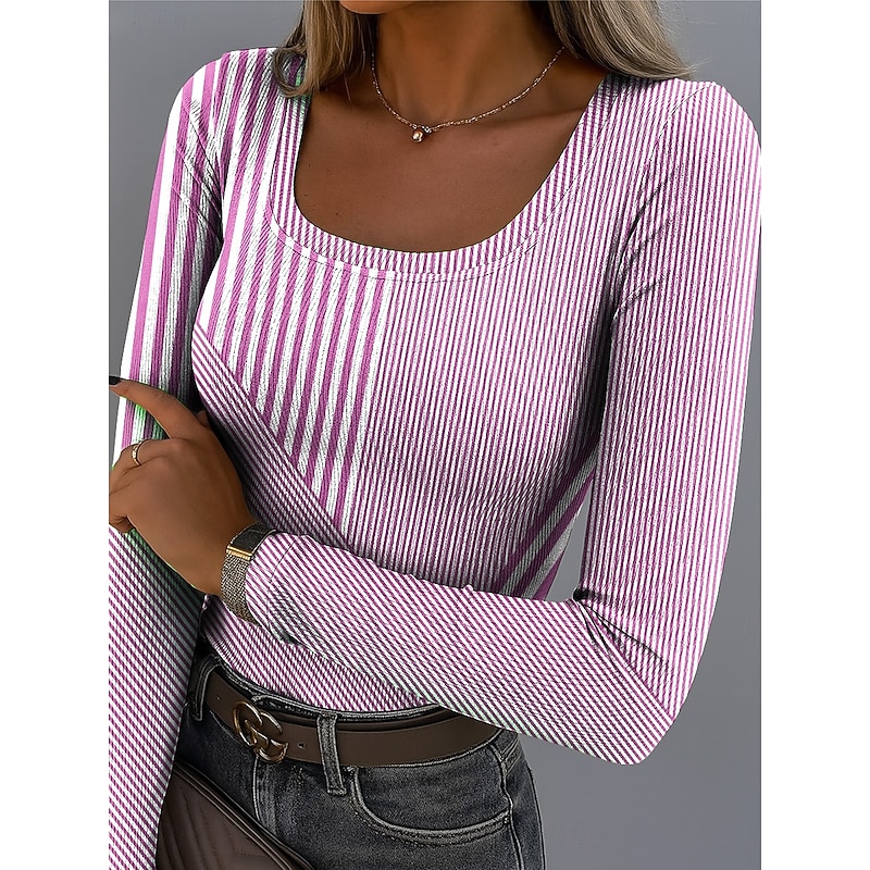 Women's T Shirt Ribbed Graphic Square Neck Long Sleeve Casual Geometric Abstract Vintage Stylish Regular Tops Daily Print Yellow Pink Blue Purple Green Spring Fall4