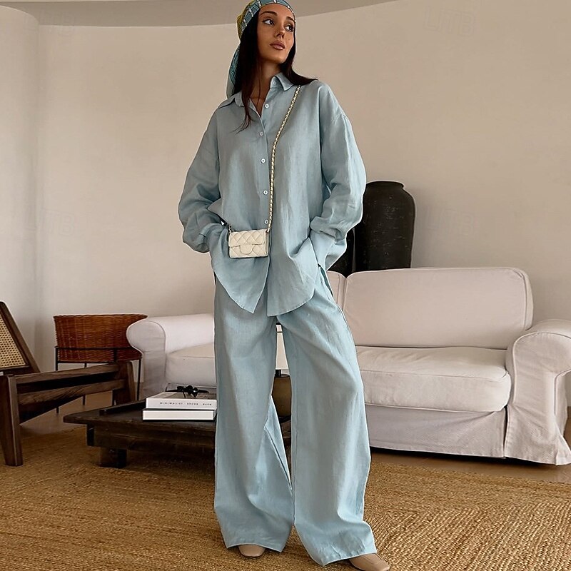Women's Vacation Vintage Fashion Shirt Pants Sets Long Sleeve Shirt Collar Solid Color Vacation Casual Daily Blue Summer Loose Fit