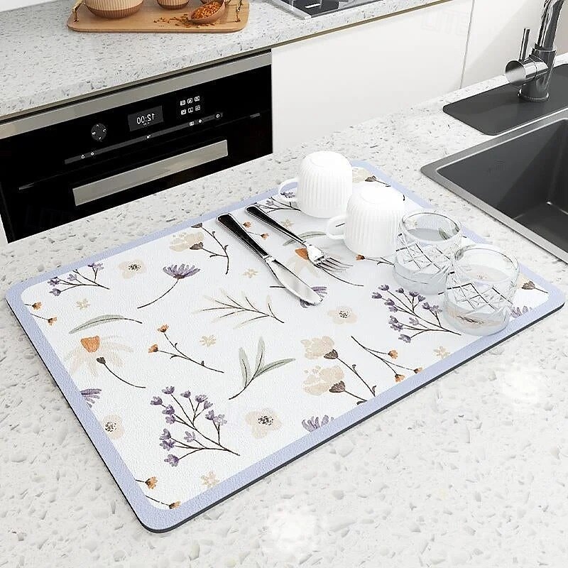 Multi Purpose Kitchen Drying Mat Water Absorbent Diatomaceous Earth Dish Draining Pad Non Slip Wear Resistant Table Countertop Mat for Sink Bathroom Bar and Dining Area
