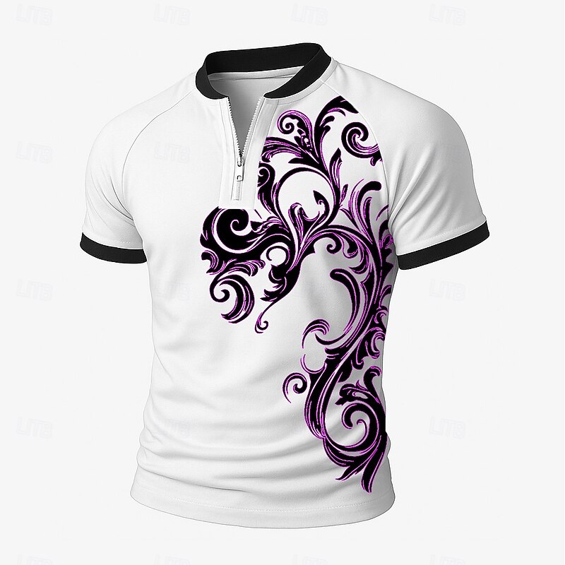 Men's Floral Zip Polo Short Sleeve Stand Collar Business Modern Leisure Sports & Outdoor Athleisure Casual Daily Zipper 3D Print Summer Violet Robin's Egg Blue Black3