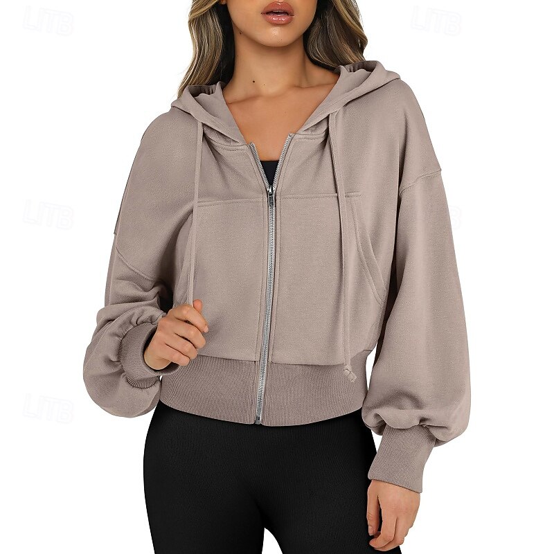 Women's Zip Up Hoodies Plain Streetwear Casual Long Sleeve Hooded Regular Tops Street Holiday Going out Zipper Pocket Black White Fuchsia Khaki Fall Winter4
