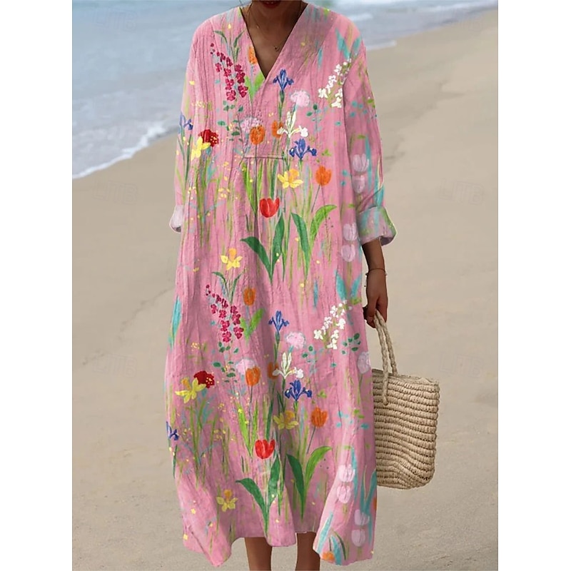 Women's Midi Dress V Neck Long Sleeve Kaftan Lightweight Loose Fit A Line Dress Casual Boho Party Going out Floral Graphic Long Sleeve V Neck Black Pink Red Purple4