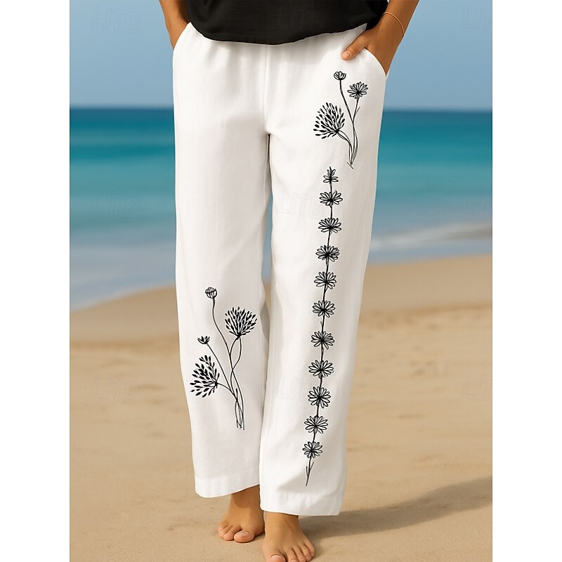 Women's Culottes Wide Leg Vacation Vintage Ethnic Style Full Length High Waist Floral Graphic Quick Dry Breathability Soft Inelastic Formal Outdoor Vacation Black White Pink Summer Spring3