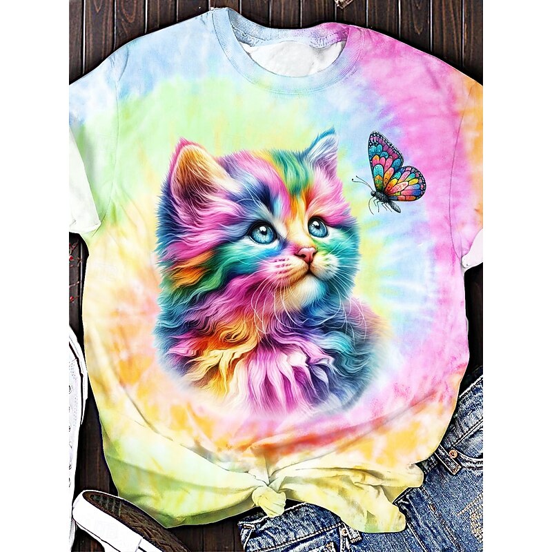 Women's T Shirt Graphic Animal Tie Dye Vintage Stylish Classic Short Sleeve Crew Neck Regular Tops Daily Weekend Print Yellow Pink Blue Green Summer Spring3