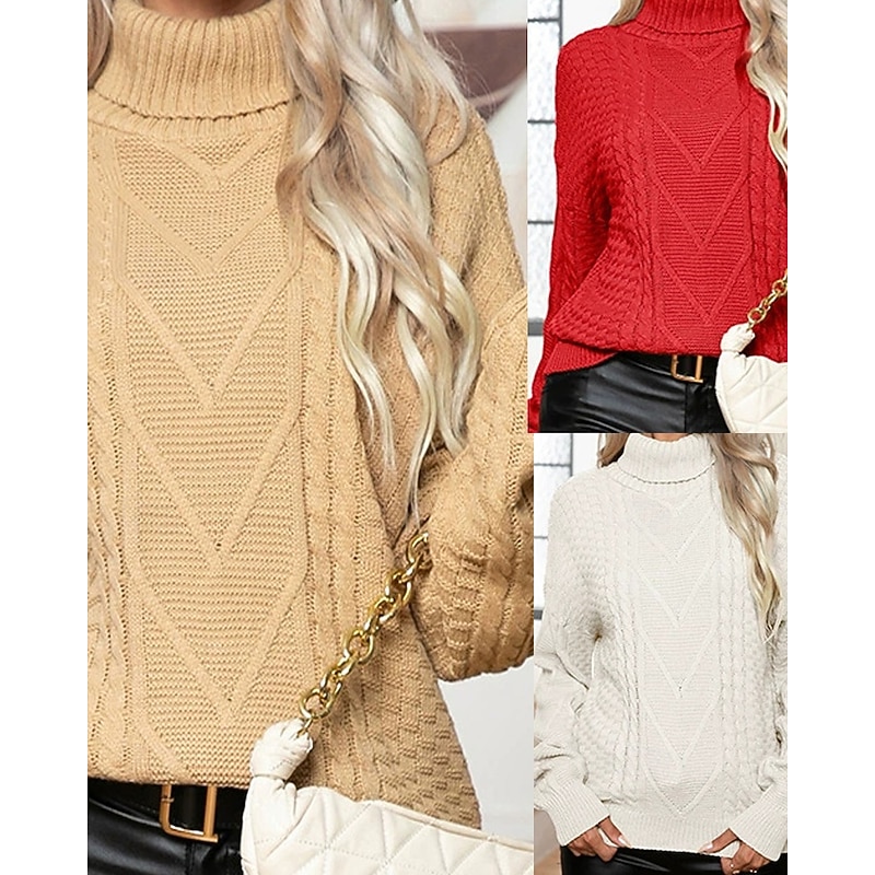 Women's Pullover Casual Solid Color Chunky Turtleneck Knitted Long Sleeve Regular Tops Knit Daily Holiday Going out Red Khaki Fall Winter