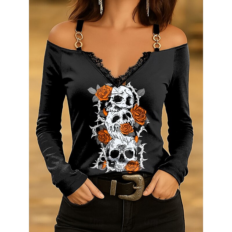 Halloween Women's T Shirt Skulls Floral Graphic Vintage Stylish Classic Long Sleeve V Neck Regular Tops Daily Lace Print Blue Purple Orange Green Spring Fall4