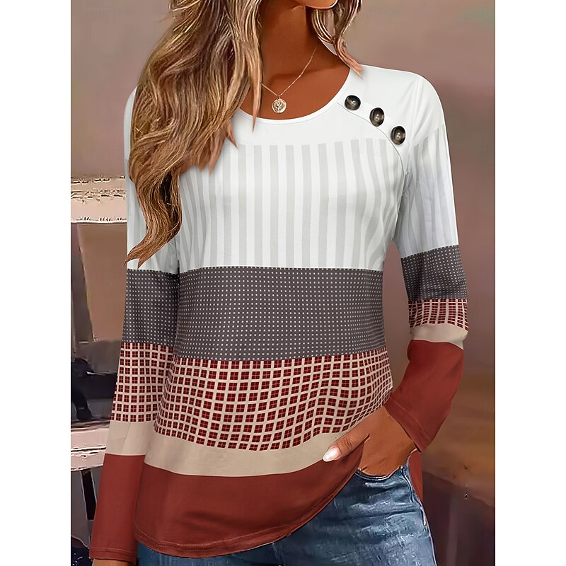 Women's Sweatshirts Graphic Geometric Striped Vintage Classic Casual Long Sleeve Crew Neck Regular Tops Buttons Print White Wine Blue Purple Brown Spring Fall Winter