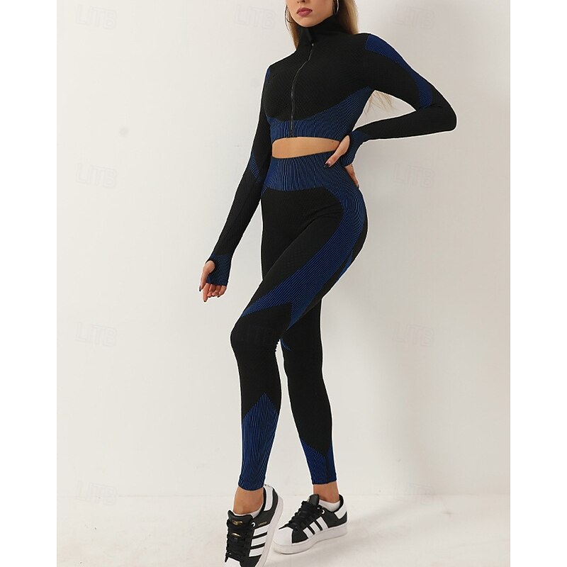 Women's 2 Pieces Yoga Sweatsuit Lounge Outfits  Fall Patchwork Color Block Clothing Suit ArmyGreen Black Gym Workout High Waist Quick Dry Stretchy Breathable Long Sleeve Sport Activewear Slim3