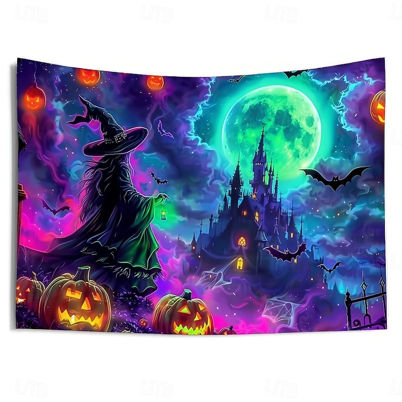 Halloween Blacklight Wall Tapestry – UV Reactive Glowing Moon over Haunted Forest Neon Colors Spooky Night Scene, Glow in the Dark Gothic Wall Hanging for 2025 Halloween Home and Party Decoration4