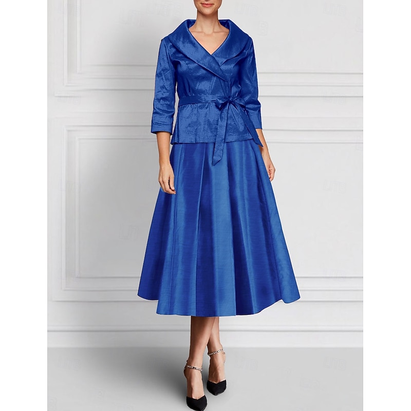 Two Piece A-Line Dress Sets Mother of the Bride Dress Elegant Lapel Floor Length Ankle Length Satin Stretch Fabric Long SleeveBlack Fall Wedding