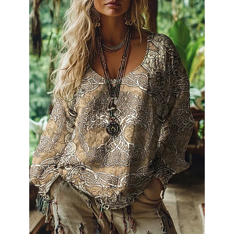 Women's Blouse Graphic Vintage Daily Casual  Long Sleeve V Neck Regular Tops Tribal Tree Of Life Vintage Designer Basic Print Vacation Street Going out Daily Holiday Print Brown Summer Spring Fall
