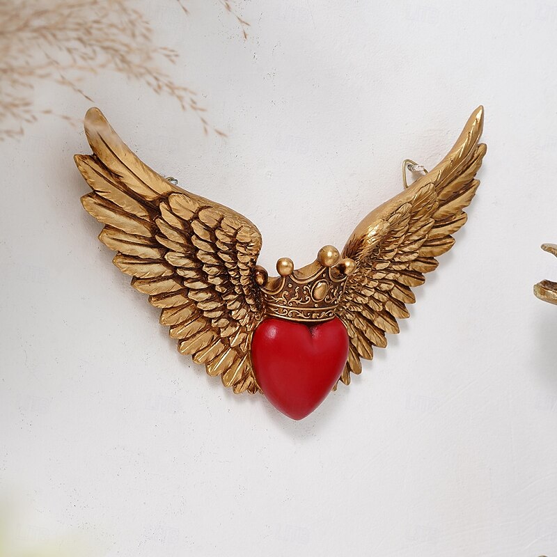 Resin Wall Decor with Crown, Red Heart, and Wings Design, Handmade ABS Resin Hanging Ornament for Living Room, Study, Shop, Party, and Holiday Celebration Decorations3