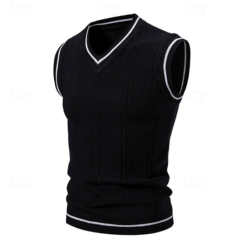 Men's Sweater Sweater Vest Pullover Sweater Jumper Ribbed Knit Regular Tops V Neck Knitted Plain V Neck Knitwear Contemporary Casual Daily Wear Clothing Apparel Fall Black White XL 2XL 3XL4
