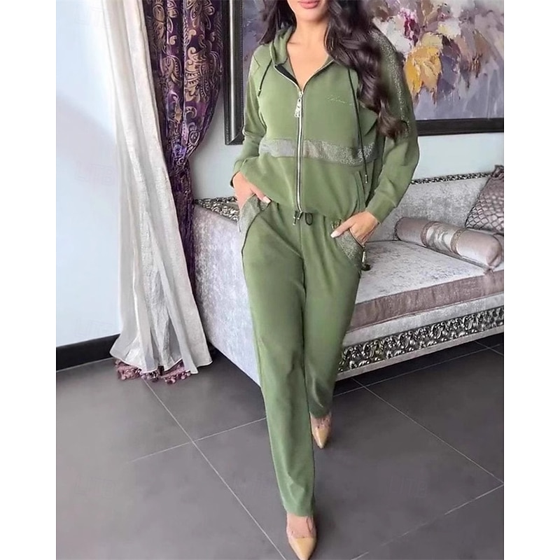 Women's Fashion Streetwear Hoodie Pants Sets Bolero Top Long Sleeve Hooded Color Block Patchwork Zipper Vacation Casual Daily Black Red Blue Spring Regular Fit2